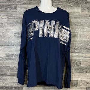 VS Pink Navy Blue Silver Sequins Long Sleeve Top